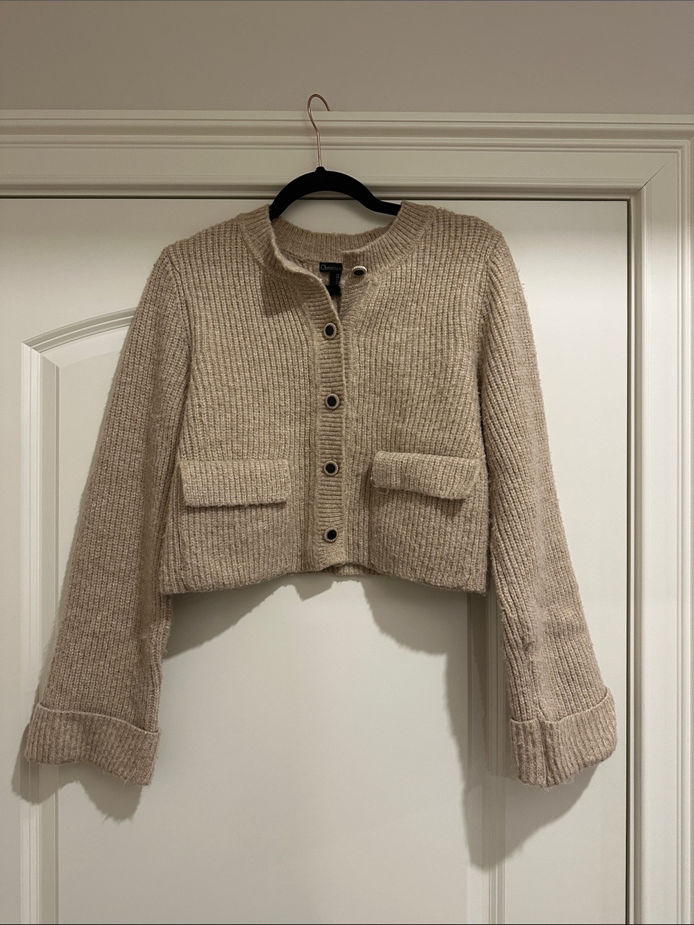 Beige Rib-Knit Cardigan Sweater